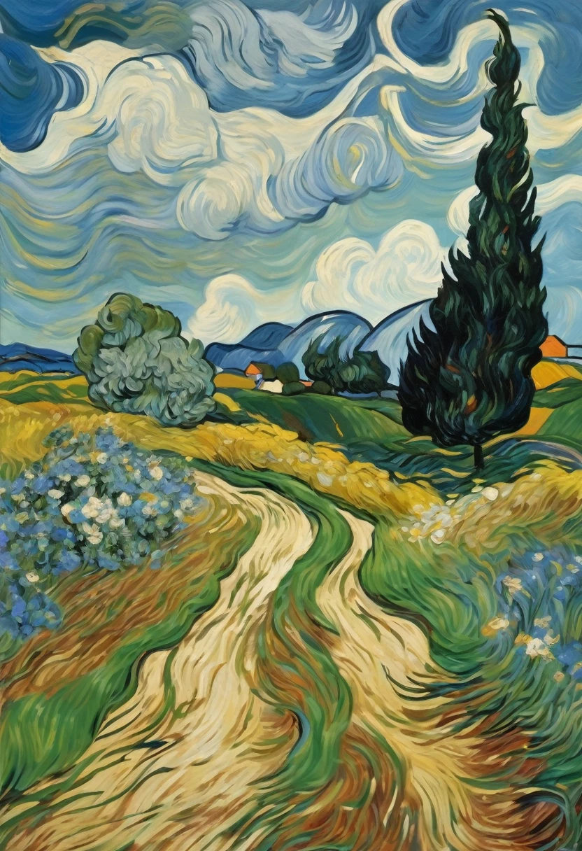 The fork in the road and the woman walking along one of the paths in the foreground are not important as part of the plot. He supplemented the picture with these elements to give it dynamism and realism. And therefore the silhouette of a woman is written schematically.

The work is not saturated with bright colors - so characteristic of Van Gogh's style. Only the sky is bright blue, but dark, probably to convey good weather or evening time.

A sufficient number of colors were used: yellow, brown, orange, green, blue. The artist did not skimp on colors when painting grass and, especially, flowers, sparkling with white, light green, blue and marsh-colored paints.