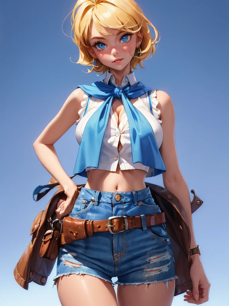 (((((alone))))),(((((masterpiece))))), (((((Highest quality))))),(((((Very detailed))))), In detail, Depth of written boundary, Sharp details, Detailed clothing, High resolution,
One girl, bangs, (Beautifully detailed face:1.3), clavicle, Collared shirt, ((White sleeveless collared shirt)), shirt half open, The button has been released, No bra, several buttons open to show Cleavage, Show your belly, blue eyes, Blonde, Cleavage, ((cowboy)), (cowboy Have:1.3), Have, Medium chest, belly button, neckerchief, red neckerchief, short hair, Ultra mini skirt, low rise daisy dukes, Healthy Thighs, gun belt ,cowboy western,Monotone background, Thigh Gap