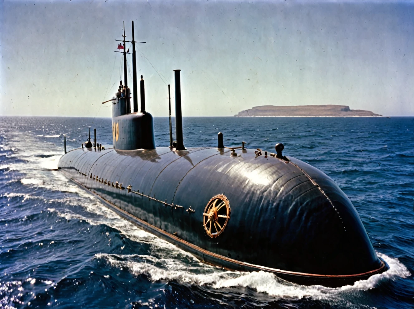 photo of the captain nemo submarine in the distance, nautilus submarine on the ocean, coast of south Africa, outdoors ocean, realistic scenery. very wide shot, landscape, film, professional