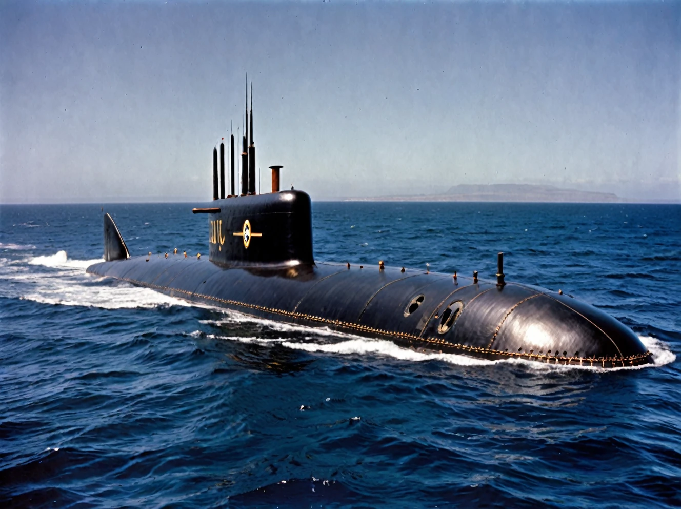 photo of the captain nemo submarine in the distance, nautilus submarine on the ocean, coast of south Africa, outdoors ocean, realistic scenery. very wide shot, landscape, film, professional