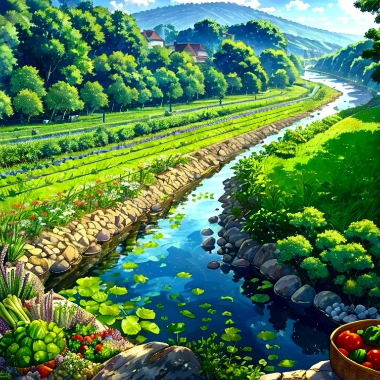 Vegetables cooled in clean water、Fresh summer vegetables、Large vegetables、Beautiful river in the countryside