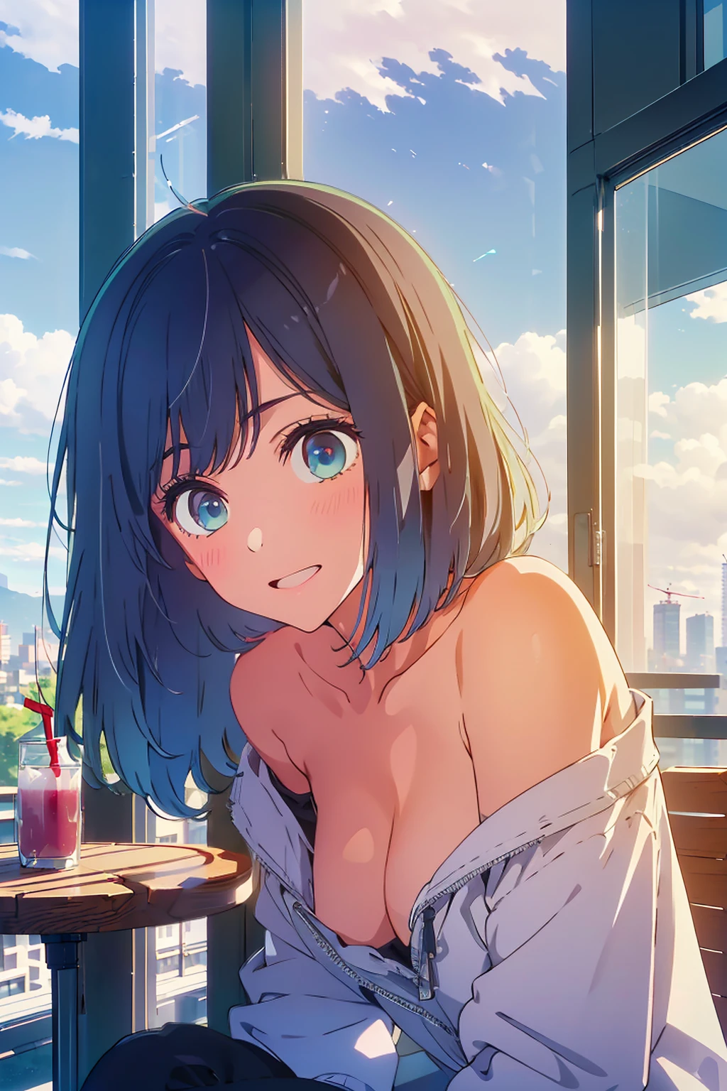 (Highest quality:1.4、8K:1.4、detailed)、F cup bust、Big Breasts、Slim body、Very white beautiful skin、((((1 person、smile、Surprised expression、sit、Chair、In the background are the urban buildings of Tokyo、looking at the camera、Indoor cafe terrace、Navy hair color、juice、Shooting up close、Shooting from an angle、table、Very cute face))))、(((nude、Areola)))、(Pose with your hands:1.4)、Nipples、Very blue sky、A completely cloudless sky、Off-the-shoulder zip-up jacket
