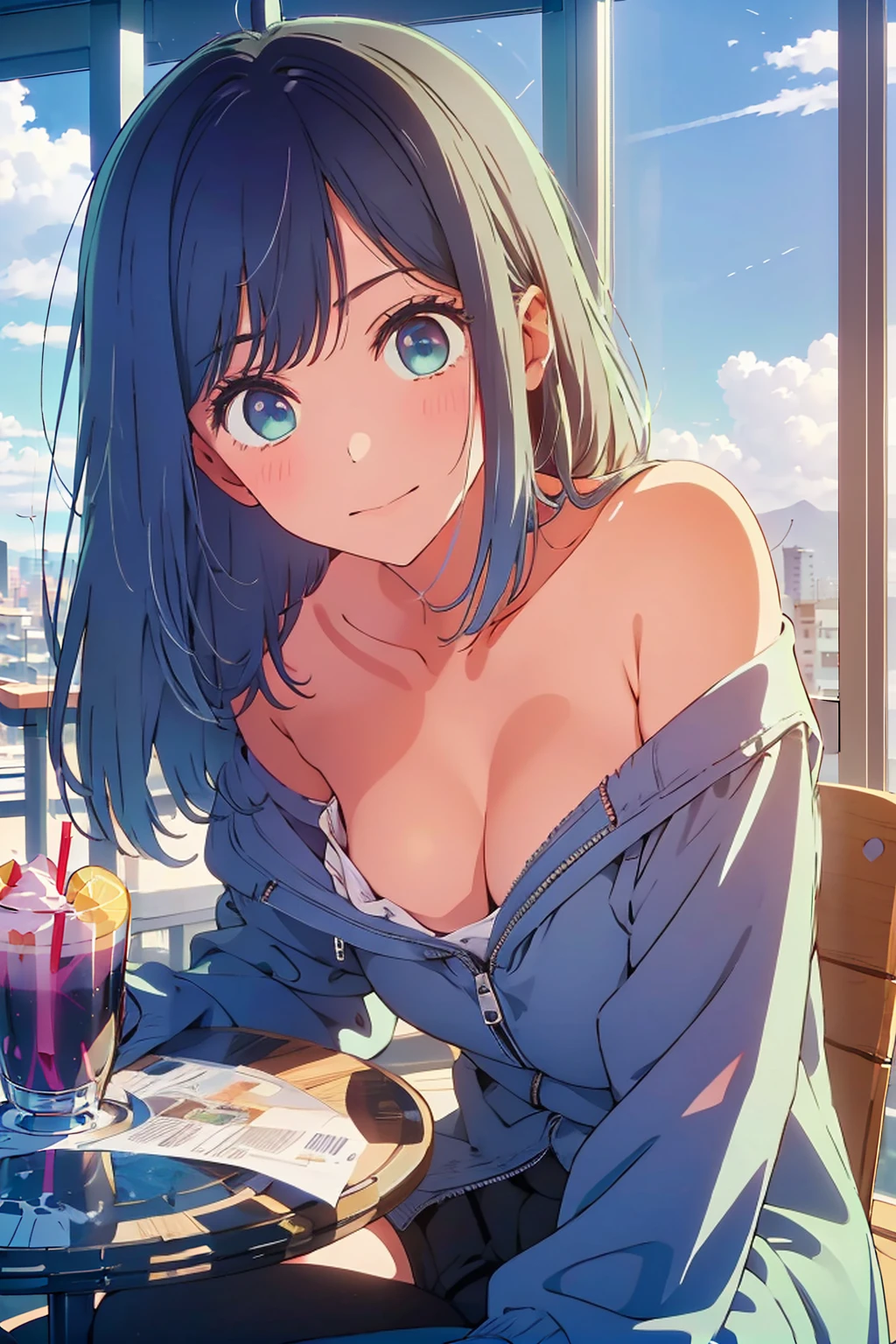 (Highest quality:1.4、8K:1.4、detailed)、F cup bust、Big Breasts、Slim body、Very white beautiful skin、((((1 person、smile、Surprised expression、sit、Chair、In the background are the urban buildings of Tokyo、looking at the camera、Indoor cafe terrace、Navy hair color、juice、Shooting up close、Shooting from an angle、table、Very cute face))))、(((nude、Areola)))、(Pose with your hands:1.4)、Nipples、Very blue sky、A completely cloudless sky、Off-the-shoulder zip-up jacket