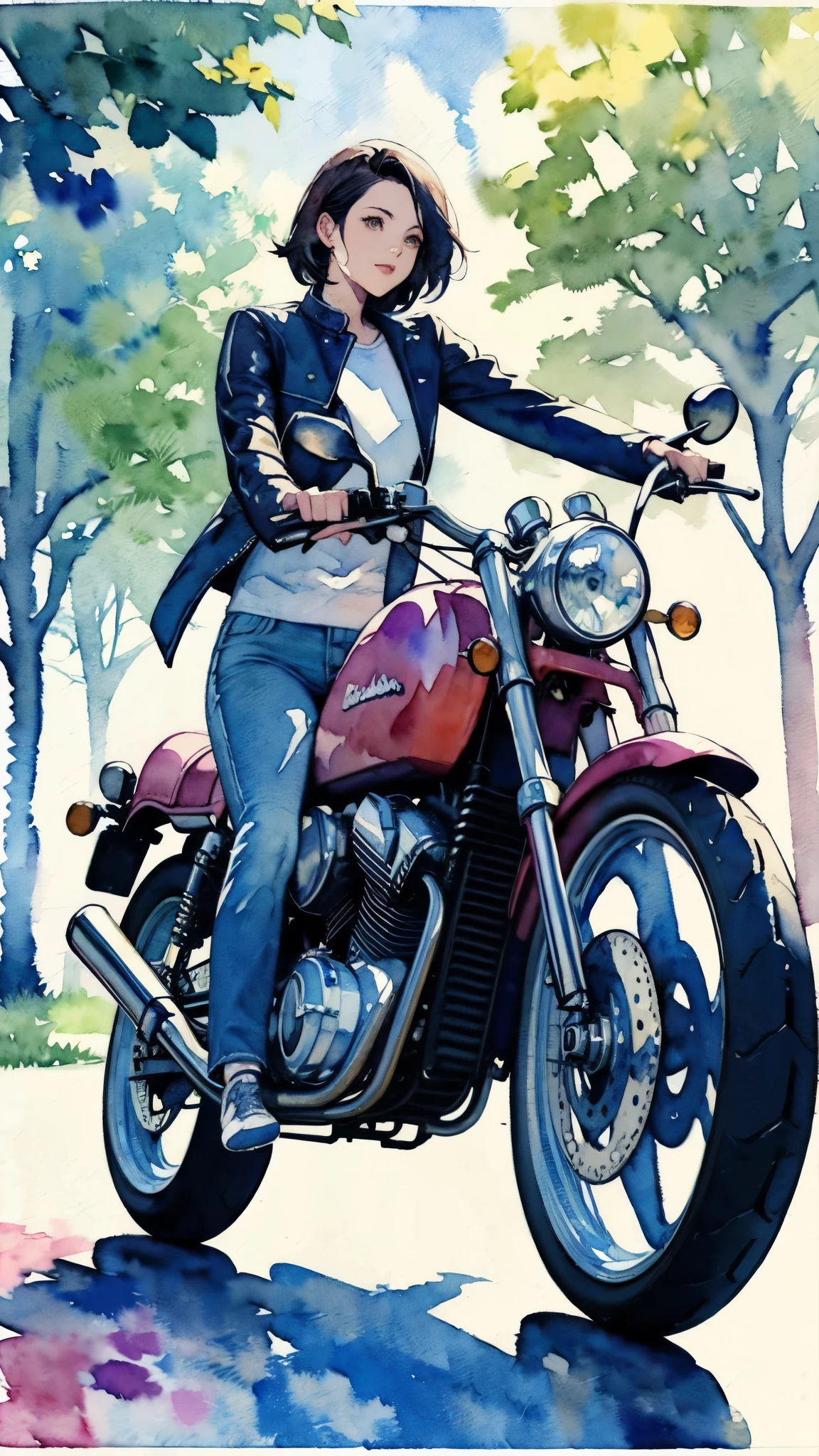 (masterpiece),(Highest quality:1.2),(Very detailed:1.2),(High resolution),(((watercolor))),8K,Woman riding a retro motorcycle,Walk along the tree-lined streets,(A pleasant expression),Riders jacket,jeans,sneakers,透明watercolor,(((hands)))