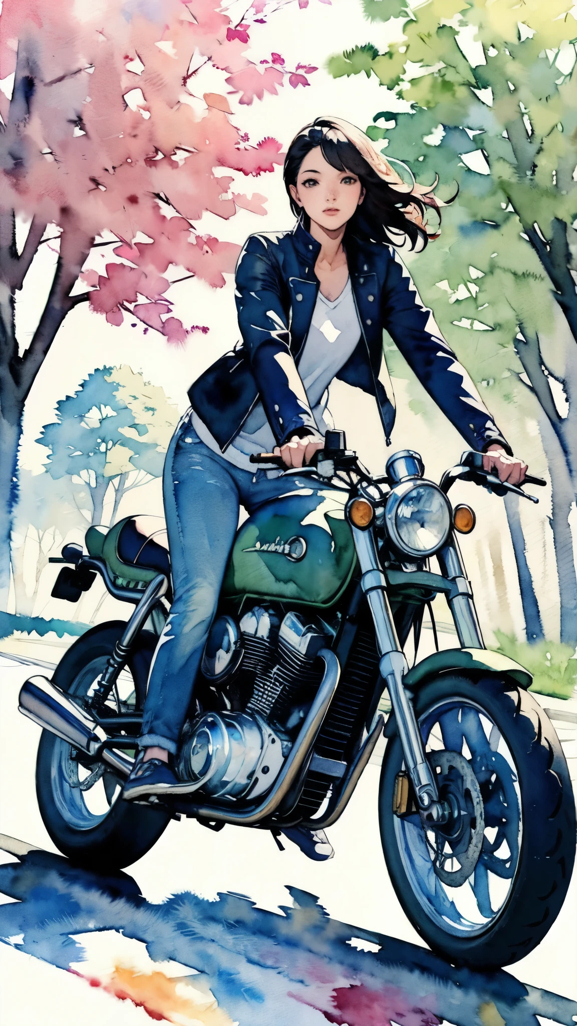 (masterpiece),(Highest quality:1.2),(Very detailed:1.2),(High resolution),(((watercolor))),8K,Woman riding a retro motorcycle,Walk along the tree-lined streets,(A pleasant expression),Riders jacket,jeans,sneakers,透明watercolor,(((hands)))