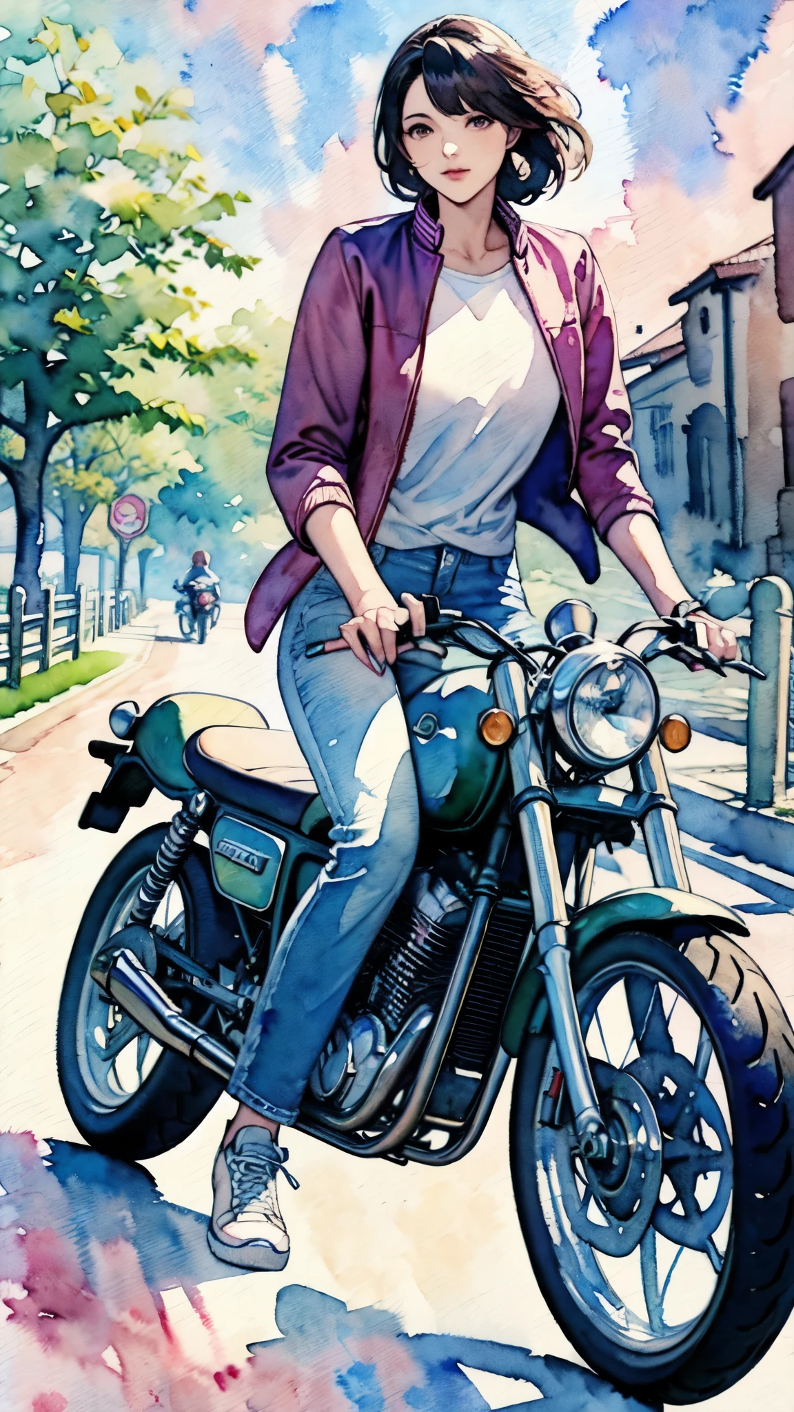 (masterpiece),(Highest quality:1.2),(Very detailed:1.2),(High resolution),(((watercolor))),8K,Woman riding a retro motorcycle,Walk along the tree-lined streets,(A pleasant expression),Riders jacket,jeans,sneakers,透明watercolor,(((hands)))