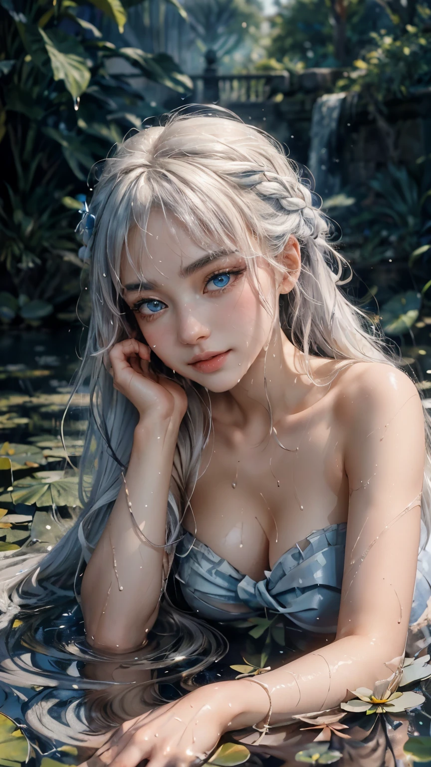 landscape of an woman, landscape of a very beautiful woman,(((extreme closeup))), Nao Tomori/(Charlotte/), anime style, (((lie sideaways)))!!, (lie sideaways on the shallow water in by the pond), looks at the camera with beautiful blue eyes, (Beautiful blue eye's like sapphire :1.40)!!, Stars in her fixed eyes, attractive smile, Cute little nose,  white hair between eyes,  White hair bangs, (ultra shine white hair)!!, (((curvy hair with double tied up)))!!, ((dynamic composition)), (bare shoulders)!!, detailed realistic hair,  breathtaking rendering, Sweet girl, Best Quality, Masterpiece, Ultra-detailed, Beautiful, hight resolution, Original, CG 8K, perfect artwork, beatiful face, Face Clean, Skin, hyper realistic, Ultra Detailed, A detailed eye, dramatic  lighting, (Realistic) Realistic, Full HD, Best Quality, Best Quality, Beautiful lighting, (8k wallpaper of extremely detailed CG unit), High Details, sharp-focus, The art of dramatic and photorealistic painting, beautiful smile, Incredibly detailed face, hyper detailed face, A face with a lot of detail, Perfect nose, gorgeous smile, A star in the eye, Perfect eye shadow, wink, Hyper-Detailed Eyes, Hyper-detailing of eyebrows, Hyper-detailed eyelashes, ((In shallow water)), by the pond, Beautiful butterflies are flying, (((Wet body))), Shiny skin, Fine-grained skin, Fine-grained hair, (Butterflies flying around a 1girl), (Starry sky), forest, Pillar of Light, water lily, mosses, crystal clear clean water, Moonlight, Glitter, (Midnight, Dark)