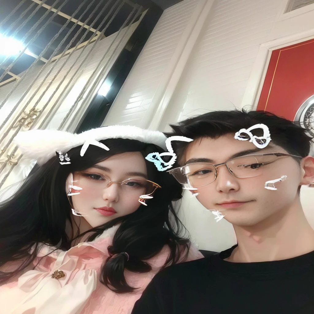 They wear glasses and pussy hats, cai xukun, Gu Weiss, Cat ears, 🚿🗝📝, Ruan Jia and Fenghua Zhong, lovely couple, couple, wear glasses, Cheng Man Kit, With big rabbit ears, clear cute face, Very very low quality, Very very low quality picture