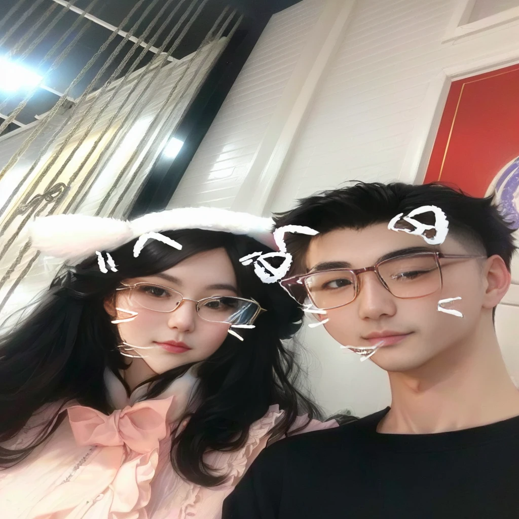 They wear glasses and pussy hats, cai xukun, Gu Weiss, Cat ears, 🚿🗝📝, Ruan Jia and Fenghua Zhong, lovely couple, couple, wear glasses, Cheng Man Kit, With big rabbit ears, clear cute face, Very very low quality, Very very low quality picture