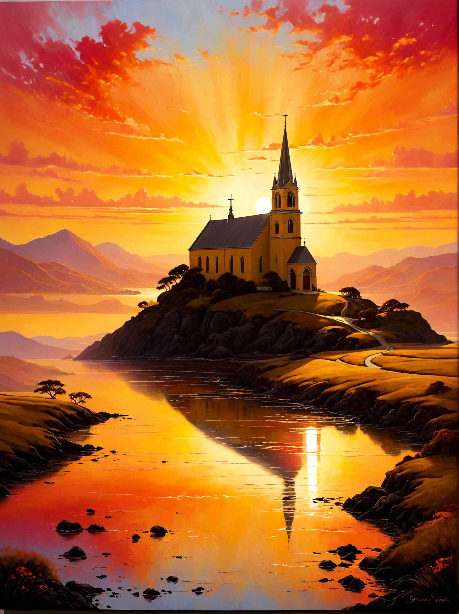 (Sunrise Time:1.6), A breathtaking photo of a new day dawning. The radiant golden-yellow sunrise painting the sky with hues of orange, and pink, casting gentle light on the world below. In the distance, the silhouette of a tranquil church stands resolute against the rising sun. The way the first rays of the day gently illuminate the church is an awe-inspiring symbol of hope, The perspective is from a wide-angle view emphasizing the immense scope of the breathtaking landscape filled with natural elements, The image should evoke a sense of drama and magnitude with the effective use of light and shade.