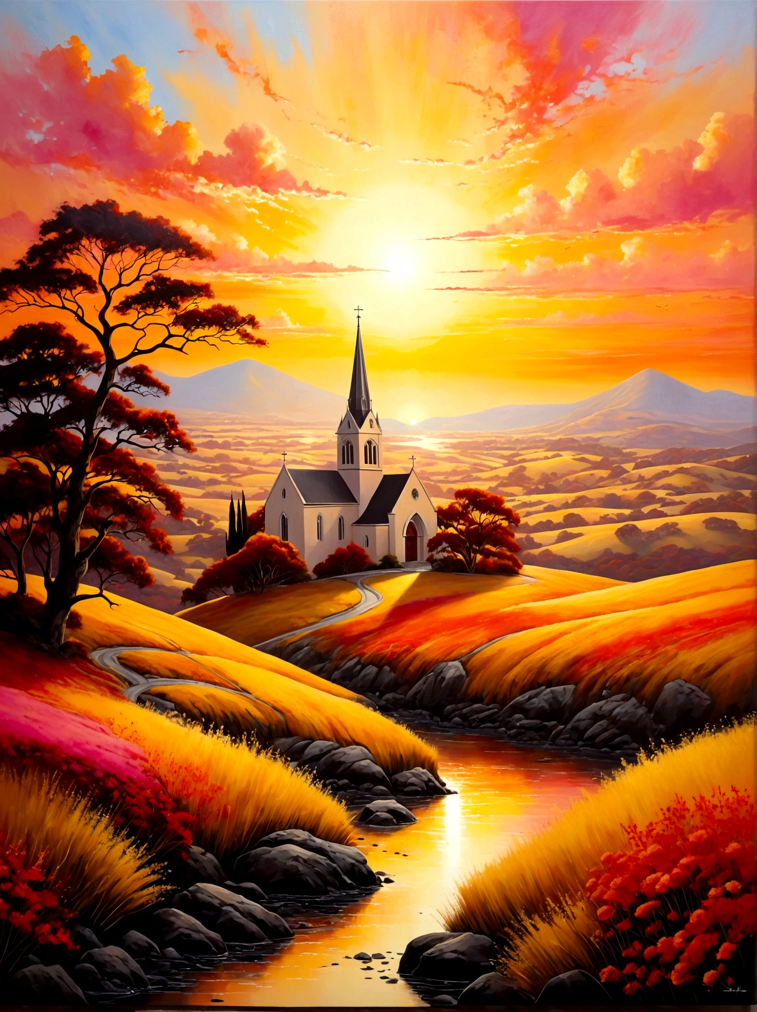 (Sunrise Time:1.6), A breathtaking photo of a new day dawning. The radiant golden-yellow sunrise painting the sky with hues of orange, and pink, casting gentle light on the world below. In the distance, the silhouette of a tranquil church stands resolute against the rising sun. The way the first rays of the day gently illuminate the church is an awe-inspiring symbol of hope,  The perspective is from a wide-angle view emphasizing the immense scope of the breathtaking landscape filled with natural elements, The image should evoke a sense of drama and magnitude with the effective use of light and shade.