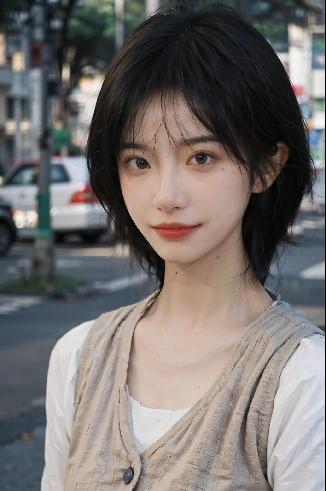 (Skin details:1.4), (smooth skin textures:1.3), Lipstick, background, Direct vision, earrings, serene, calm, (Realistic and detailed eyes:1.2), Natural skin texture, Realistic facial details, Soft dramatic lighting, Vivid details, 35 mm film, outdoor, (Photo Practical:1.4), (hyper Practical:1.4), (Practical:1.3), (Smoother lighting:1.05), (Improve lighting quality:0.9), (Highest quality real skin textures:1.4), Exquisite eyes, Delicate face, Close-up of face, (Enhance the beauty of skin texture:1.1), Hair details, Vest,normal body ratio, short hair, Moles under the eyes, thinking, A faint smile,公园background,Portrait Photography, Depth of Field, Bokeh, Surrealism, Ray Tracing, (Portrait Photography:1.1), Surrealism, High Detail, Chiaroscuro, Ray Tracing, reflected light, Ultra HD, Ultra HD, masterpiece, Textured Skin, Super Detail, High Detail, high quality, best quality