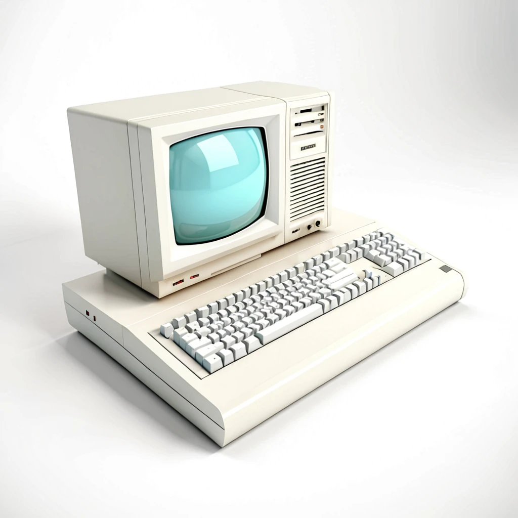 retro computer, on white background, high-angle photo, soft light, 3d render, wide angle shooting, raw