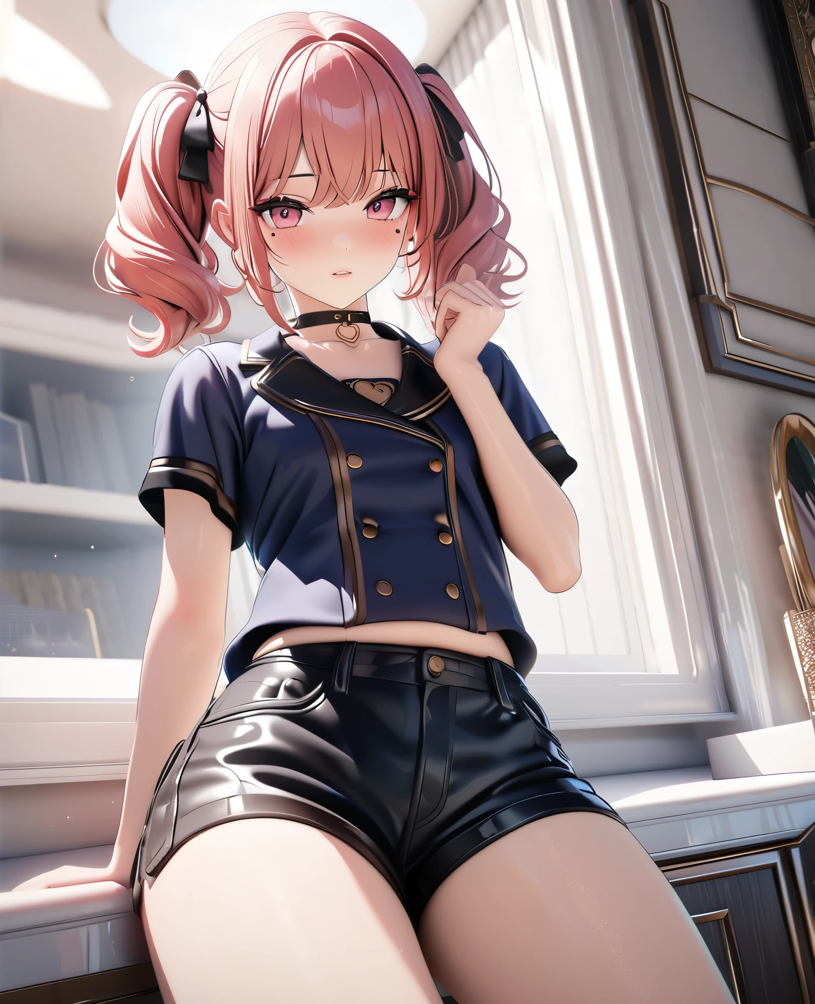 masterpiece, best quality, highly detailed, high resolution, expensive resolution, high resolution, 4K, 8k, uniform 8k wallpaper, highly detailed CG, masterpiece, 2D, 3D, beautiful details, depth, fine texture, best quality: 1.3, perfectly focused, crispy. skin, him, cute anime 20s girl, her name is Mei, idol, expensive brown short twin tails, mole under eye, looking at the viewer, cowboy shorts, expensive, blush, mole, plump lips, heart, pink eyes, heart shaped choker