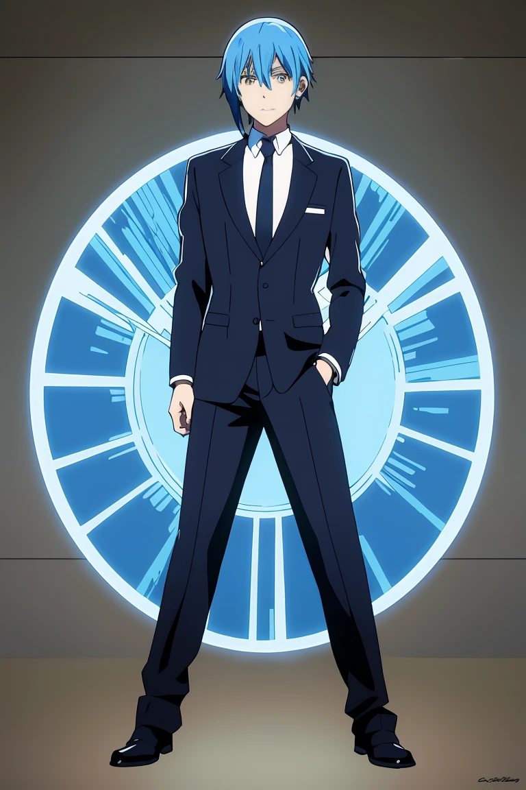 anime boy with interesting hair, wearing smart clothes, standing in front of a dark background, artwork in the style of Guweiz, profile of anime boy, portrait anime boy, beautiful anime portrait, Rimuru Tempest, blue hair, yellow eyes, male characteristics, white dress shirt, dark tie, tailored black suit, detailed, high quality, high resolution, masterpiece, best quality, full body view