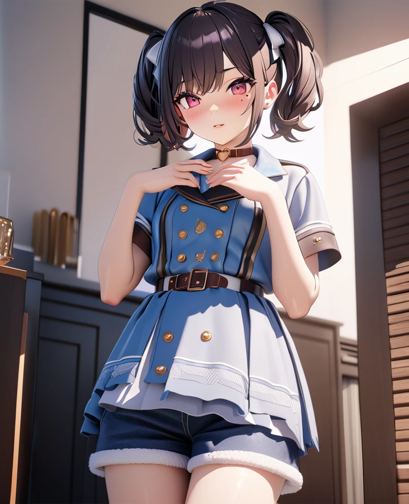 masterpiece, best quality, highly detailed, high resolution, expensive resolution, high resolution, 4K, 8k, uniform 8k wallpaper, highly detailed CG, masterpiece, 2D, 3D, beautiful details, depth, fine texture, best quality: 1.3, perfectly focused, crispy. skin, him, cute anime 20s girl, her name is Mei, idol, expensive brown short twin tails, mole under eye, looking at the viewer, cowboy shorts, expensive, blush, mole, plump lips, heart, pink eyes, heart shaped choker