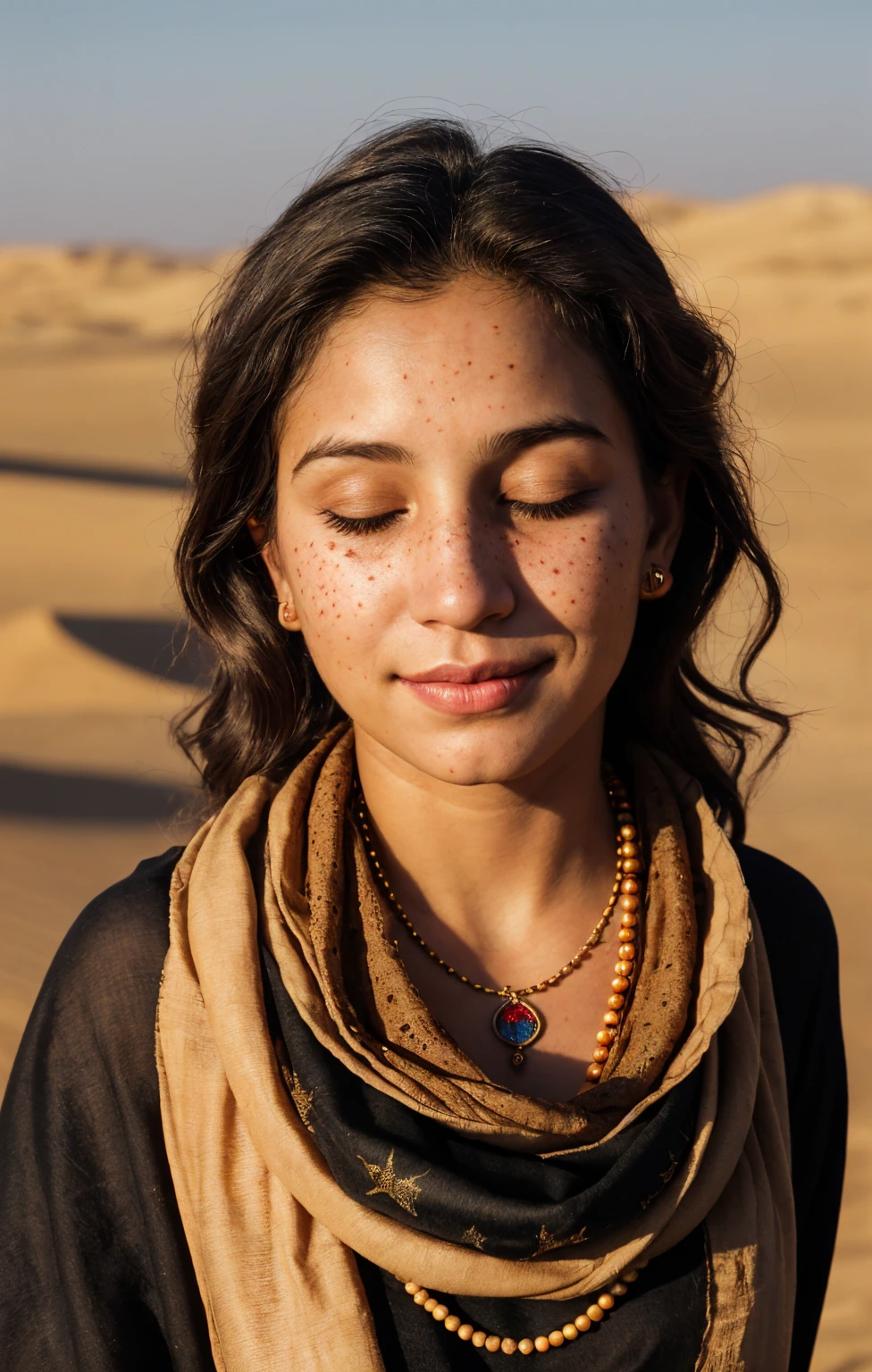 (Close-up, editorial photograph of a 20 year old woman), (highly detailed face:1.4) (smile:0.7) (background inside dark, moody, private study:1.3) POV, by lee jeffries, nikon d850, film stock photograph ,4 kodak portra 400 ,camera f1.6 lens ,rich colors, hyper realistic ,lifelike texture, dramatic lighting , cinestill 800, wavy hair, messy hair, Mischievous smirk, Black hair, freckles, Closed Eyes, jewels, necklace, Arabic Cloak, Arabic Scarf, Arabic Hijab, Astral Plane, Black Round Sunglasses, Sun, Sand, Desert, Arabian expressions, Egyptian woman, Arabian skin, Golden Aura, shadow queen