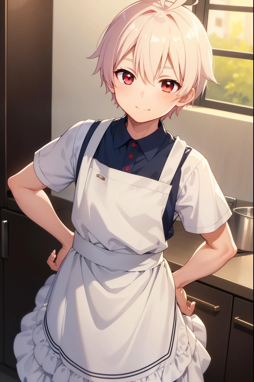 One boy, White short hair,Ahoge,Bright smile,Red eyes,apron,Squint your eyes,Fold your hands behind your back,Blushing,Looking up, kitchen,
Looking at the audience, 
 Highest quality, High resolution, unity 8k wallpaper, Perfect lighting