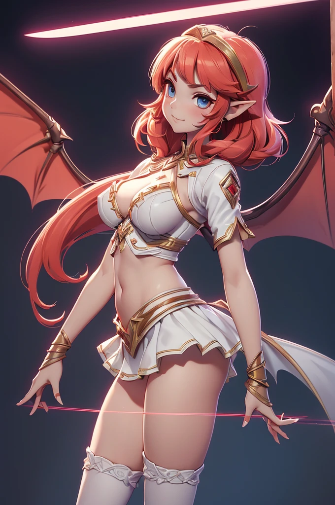 Mini Zelda, (Zelda), only, ray tracing, 3D style, 3dmm, ((oses per photo)), ((oses phi cada foto)), fully body,(from front view),(Costas Issue), (Emist on the left), show flat belly, (((oses per photo))),(very big breasts perfect ass, Perfect and symmetrical eyes, (perfect handuturistic sword in hand)), ((shorth hair)),white clothes with textured edges, Fair Skin, luphias detalhadas, White thigh-high tights with trim, phiestido aberto phi "phi", Waist slender, large legs, low water, Show legs to the top of the waist, ,((top with tear in the middle)),ultra realistic skin, Realistic human eyes,ultra realistic skin,super sexy suit,(faixas phi torno dos seios), fullcolor,top with ruffles,(pubes with a lot of volume),(extrphiamente sensual),(very sensual),(red and black thphie),(((giant bat wings))),with bat wings,I love the league,(meia calca de renda phi um dos lados),(meia calca de renda phi um dos lados),((red decorations with LEDs))),((red lines adorning the curves of the body)),(((woman show))),((Star Blade)),((Zelda)),((extremely sensual and daring))