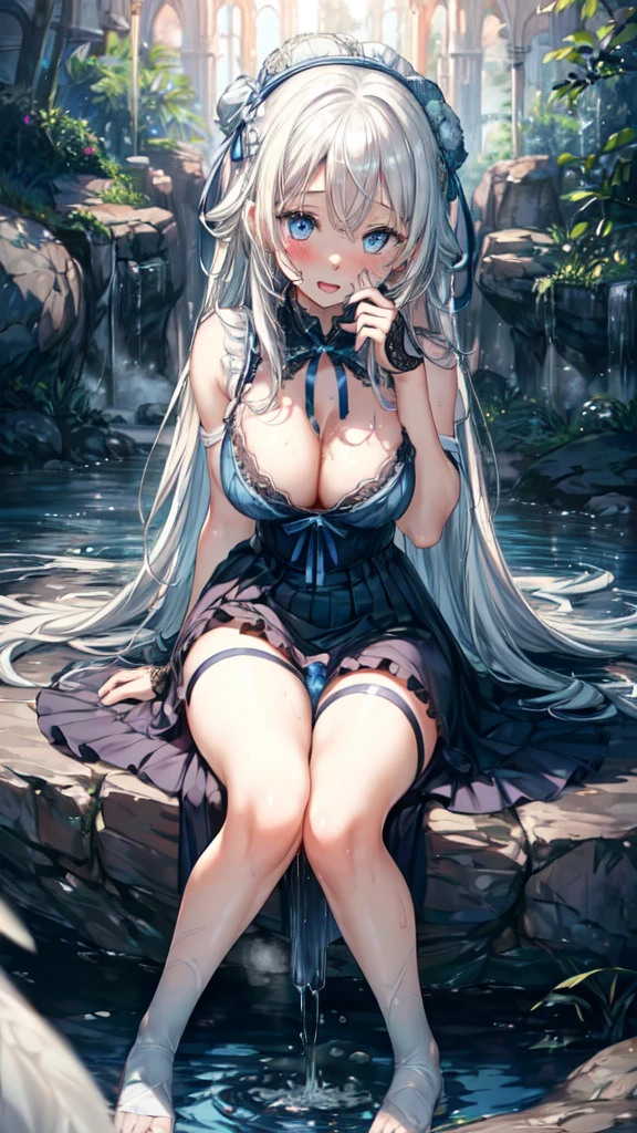 ((masterpiece, sidelighting, finely detailed beautiful eyes: 1.2)), ultra-detailed, ultra high res, professional lighting, high quality makeup, beautiful detailed eyes, sexy, beautiful, big eyes, (drooping eye:1.2), 1girl, solo, alone, (large breasts), slender body, smiling, (blue gothic lolita dress:1.2), (white hair, weavy long hair with blue ribbon:1.3), blue sapphire eyes, wide sleeves, outdoors, forest, full body, highest quality, ultra detailed, Soft light,  (rime:1.3), Extremely cute, (extremely detailed beautiful face), Authentic skin texture, beautiful hair, beautiful face, beautiful eyes, beautiful body, beautiful hands, (sexual pleasure, sexual aroused, orgasm, happy:1.8), (face focus, cleavage breasts focus, thigh focus:1.8), (erect nipples), (steam:1.2), open mouth