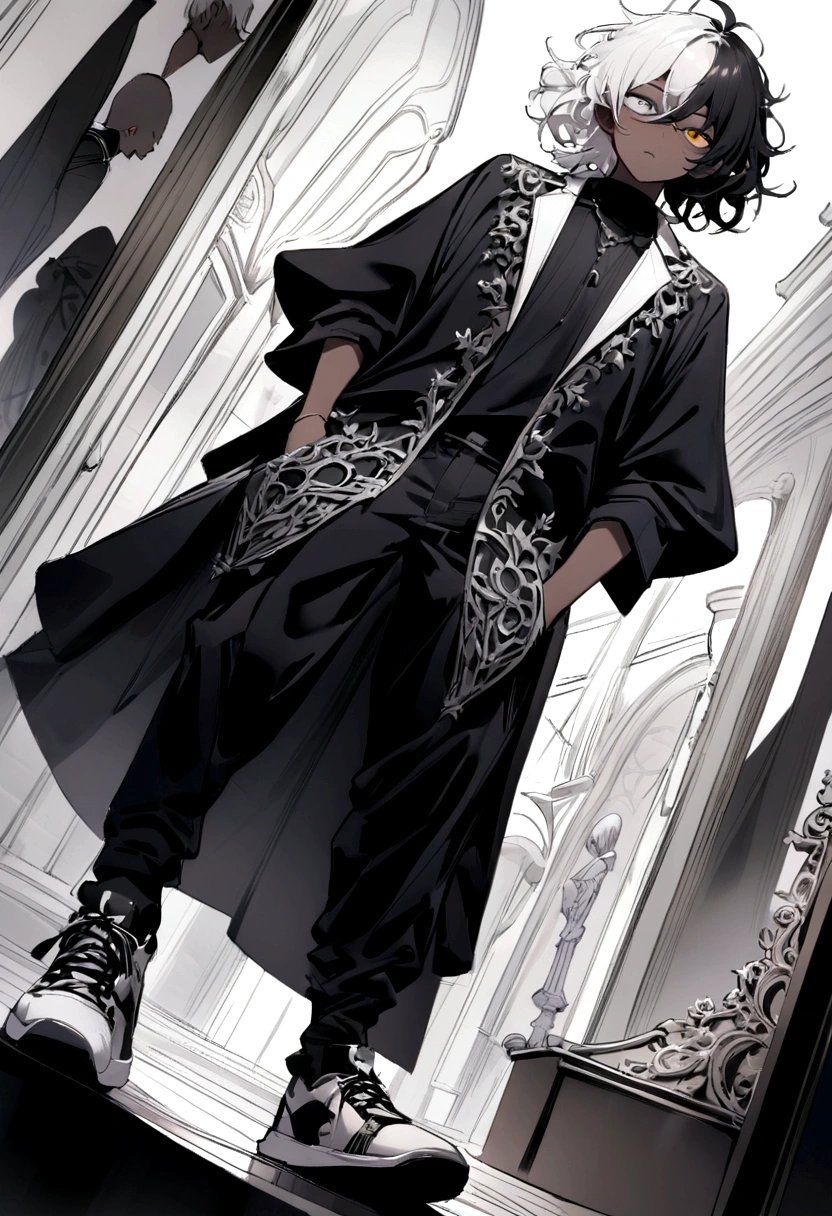(best qualityer, work of art, colorfully, dynamic angle, highest detailed) It has a black shirt with silver details, a black hunt, and black and white sneakers ,yellow and black eyes heterochromia, dark expression , Messy hair , Medium length hair , 1 men , black and white hair more black than white , two tone hair , dark skin color has, He's walking around town with his hands in his pockets (details Intricate, hyperdetalhado:1.15)