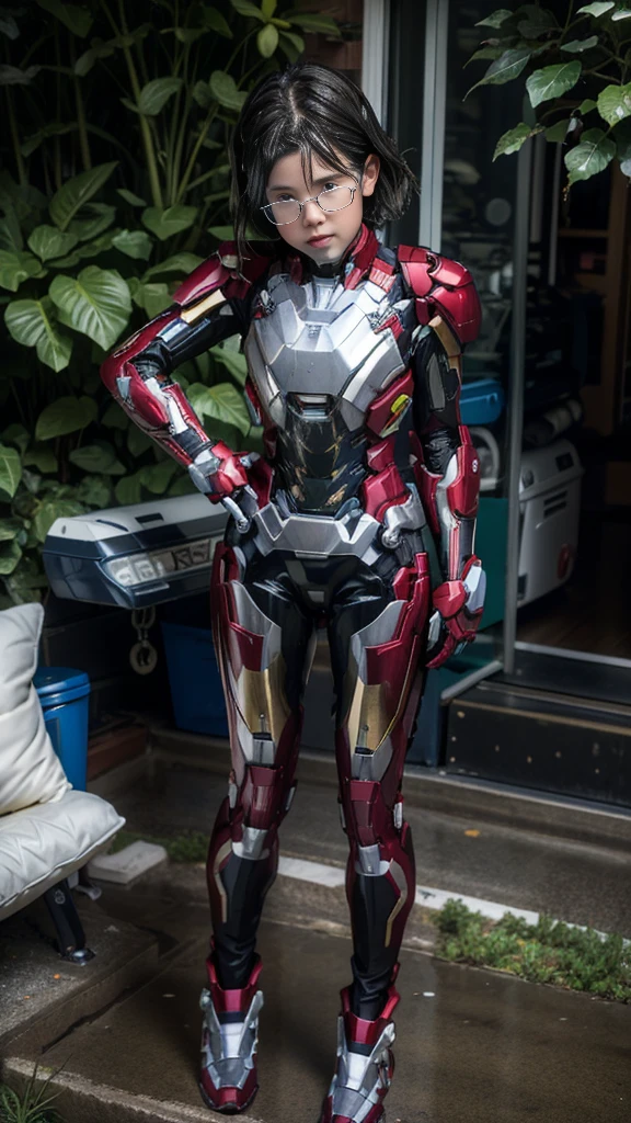 Highest quality 8k Full Body Iron Man Suit Girl Glasses cute Sweaty face Hot and tired look short hair boyish Steam coming out of my head My hair is wet with sweat The feel of black hair Backwards My upper body is soaked I can see the vagina Lying in bed Face soaked Spread your legs garden summer bright