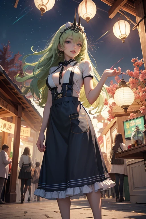 Mobius_(honkai impact 3d), ornament hair, perfectly body, perfectly hands, wave hair, light green hair, long hair, maid, maid dress, maid headdress, maid apron, garden, temple, shrine, outside, Chinese festival scenery, gold lantern, Chinese lantern, fireworks, black dress, more details on her clothes, black dress, golden details, night, smiling, ((4k, masterpiece, top-quality)),8k, best quality, high resolution, HD, (illustration:0.8), super cute girl, delicate and beautiful face, 1girl, solo, mature girl, super cute hairstyle, (beautiful detailed eyes:1.6), extremely detailed face, perfect lighting, extremely detailed CG, (perfect hands, perfect anatomy), Best quality, cleavage, skirt, full Body,