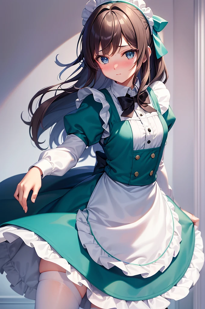 masterpiece, best quality,1girl, solo,whtie hair,medium hair,blue eyes,long sleeves,juliet sleeves,apron,maid,maid headdress,puffy sleeves,green dress,vest,buttons, white thighhighs,standing, looking at viewer, nose blush,