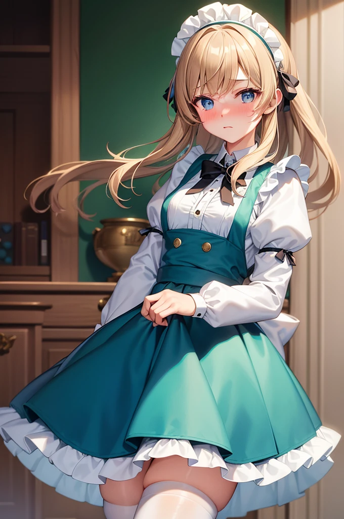 masterpiece, best quality,1girl, solo,whtie hair,medium hair,blue eyes,long sleeves,juliet sleeves,apron,maid,maid headdress,puffy sleeves,green dress,vest,buttons, white thighhighs,standing, looking at viewer, nose blush,