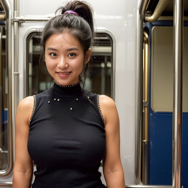 (extreme wide shot:1.7),(thai Women),(super highponytail hair),forehead,(inside train:1.5),(sleeveless knit),(Detailed Background:2),(huge breast:1.4),darkskinned,(smile),(((top-quality,masutepiece,8K,Photorealsitic))),