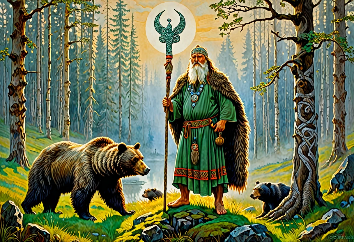Painting of a man with beard and staff standing next to a bear, druid, Slavic mythology, Russian shaman, fantastic proto-Slavic mythology, druid, Scandinavian god, by Fedor Slavsky, Painted portrait of the stern Odin, Celtic druid, Russian academic painting, by György Vastág