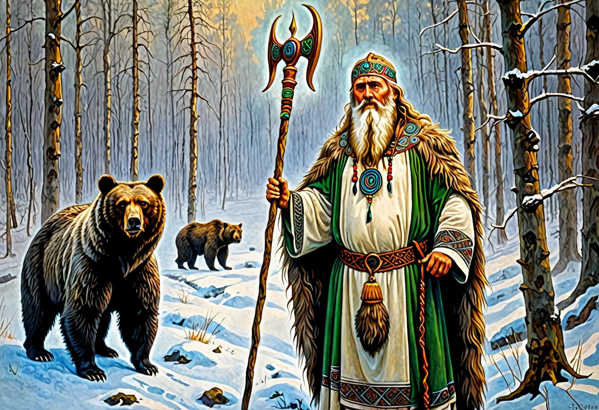 Painting of a man with beard and staff standing next to a bear, druid, Slavic mythology, Russian shaman, fantastic proto-Slavic mythology, druid, Scandinavian god, by Fedor Slavsky, Painted portrait of the stern Odin, Celtic druid, Russian academic painting, by György Vastág