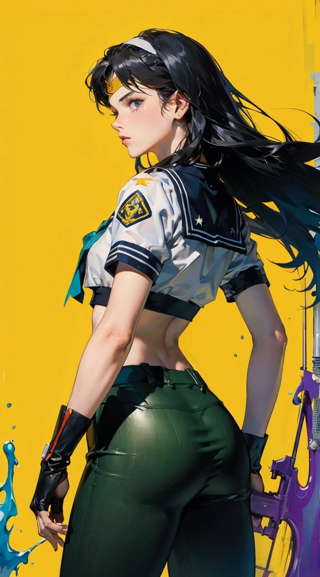 (from behind), (masterpiece, best quality:1.2), expressive eyes, perfect face, highres, 1girl, solo, female version of  Ryu \(sf\), (female:1.5), black hair, long hair, dougi, fingerless gloves, headband, no pants, standing, cowboy shot, looking at the viewer  ８ｋ,Realistic Skin Texture、Superrealism、Realistic Photo、A futuristic Japanese female soldier stands amongst rubble、Damaged moss green metal armor、Skull mark painted on armor、Painting of the unit and identification number、Peeling paint、Oil stains、Energy Rifle、fighting spirit、Detailed Description、Dynamic pose
  Realistic portrait of the protagonist of the anime Sailor Moon　(Super detailed,ultra high resolution,detailed background),((2D)),((flat color)),((colorful)),((floating colorful water)),1 girl,alone,looking at the viewer,break