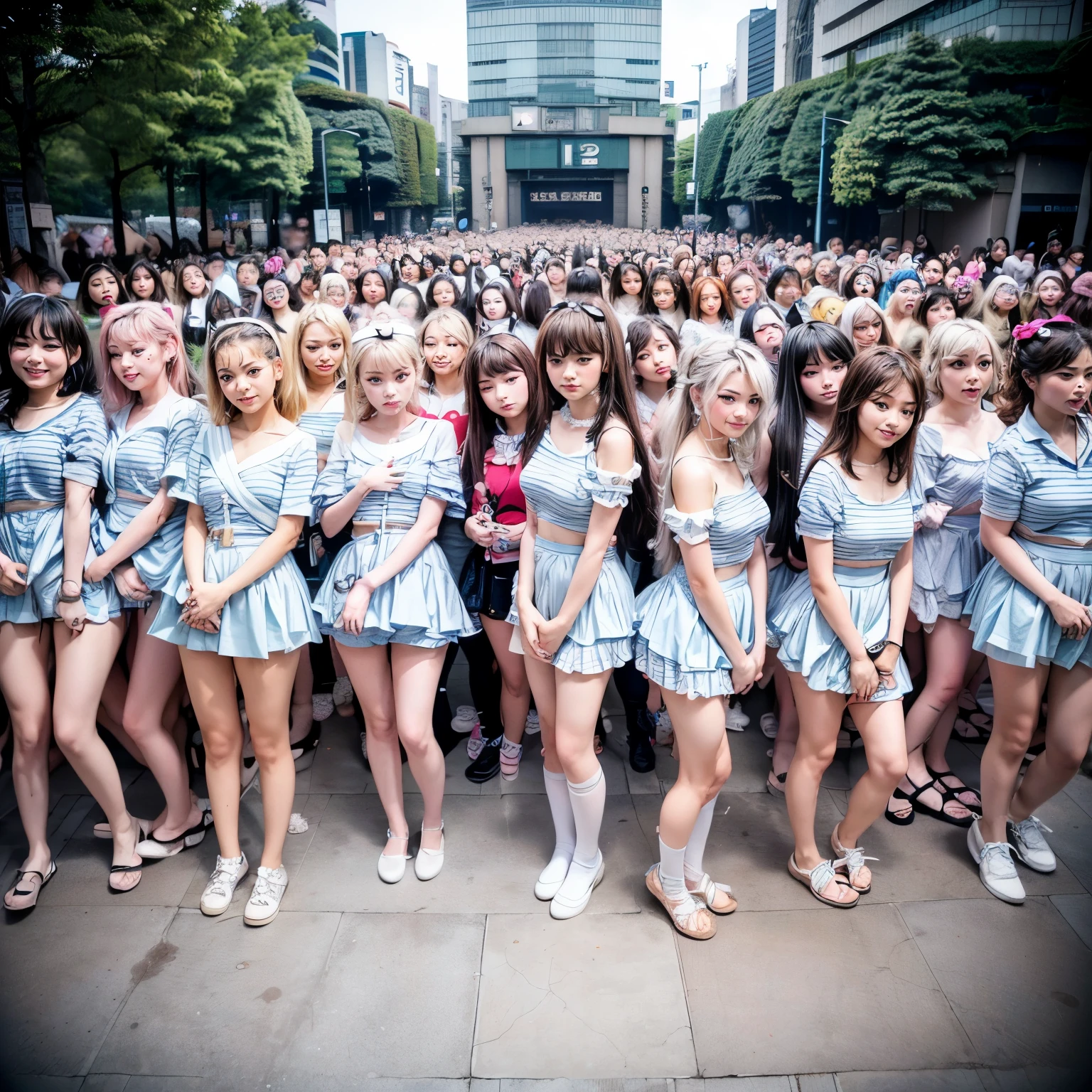 ((ExtremelyDetailed (12 KAWAII Girls in a row:1.37) at Shibuya Hachiko-mae scramble crossing)), (masterpiece TopQuality) (photorealistic:1.37), {(Standing Full Body:1.2)|(from below:1.2)}, Different types of hair colors, {School Uniform|naked bandage|tutu}