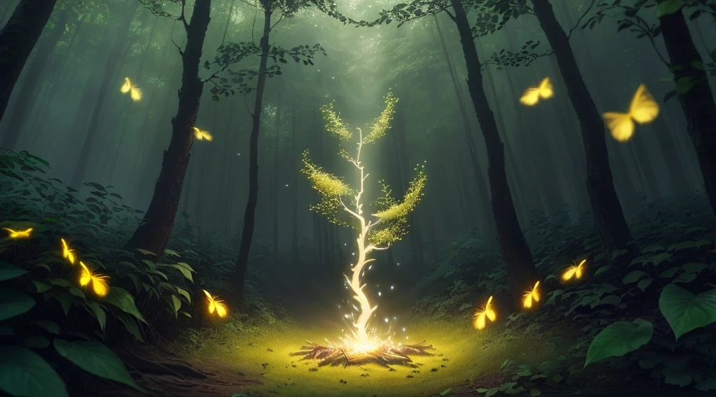 tmasterpiece, beste-Qualit, (очень Dетализированные обои CG unity 8k), (beste-Qualit), (the best illustration), (best shadows), glow sprite,  Natural elements in the forest theme . Mysterious forest, Beautiful forest, Nature surrounded by flowers, tender leaves and branches surrounded by fireflies (Natural elements), (jungle theme), (leaves), (Twigs), (Fireflies), (Particle Effects), trail