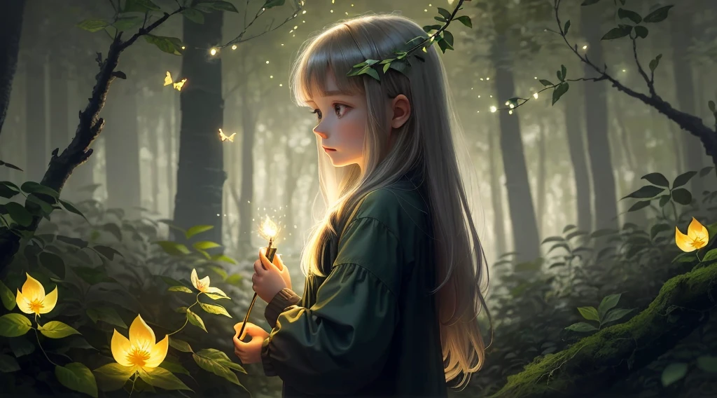 tmasterpiece, beste-Qualit, (очень Dетализированные обои CG unity 8k), (beste-Qualit), (the best illustration), (best shadows), glow sprite,  Natural elements in the forest theme . Mysterious forest, Beautiful forest, Nature surrounded by flowers, tender leaves and branches surrounded by fireflies (Natural elements), (jungle theme), (leaves), (Twigs), (Fireflies), (Particle Effects), trail