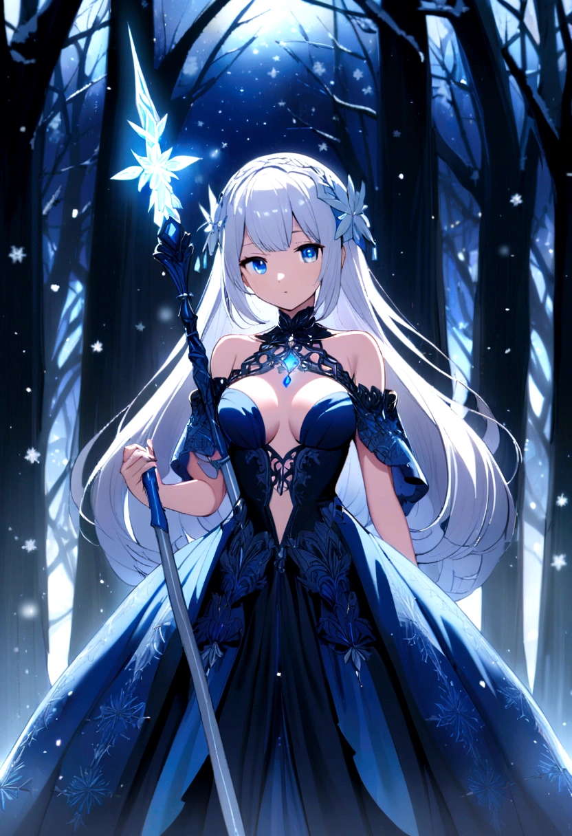 A beautiful anime girl standing in a magical, snowy forest. She has long, flowing white hair adorned with a black bow, and she is wearing a black and blue dress with intricate designs. Her dress has a unique cut, revealing her shoulders and a bit of her chest. She holds a black staff with a detailed, ornate design. Her eyes are light blue, matching the mystical, glowing trees around her. The background is a winter wonderland, with sparkling snow-covered trees under a starry night sky. The atmosphere is serene and enchanting.