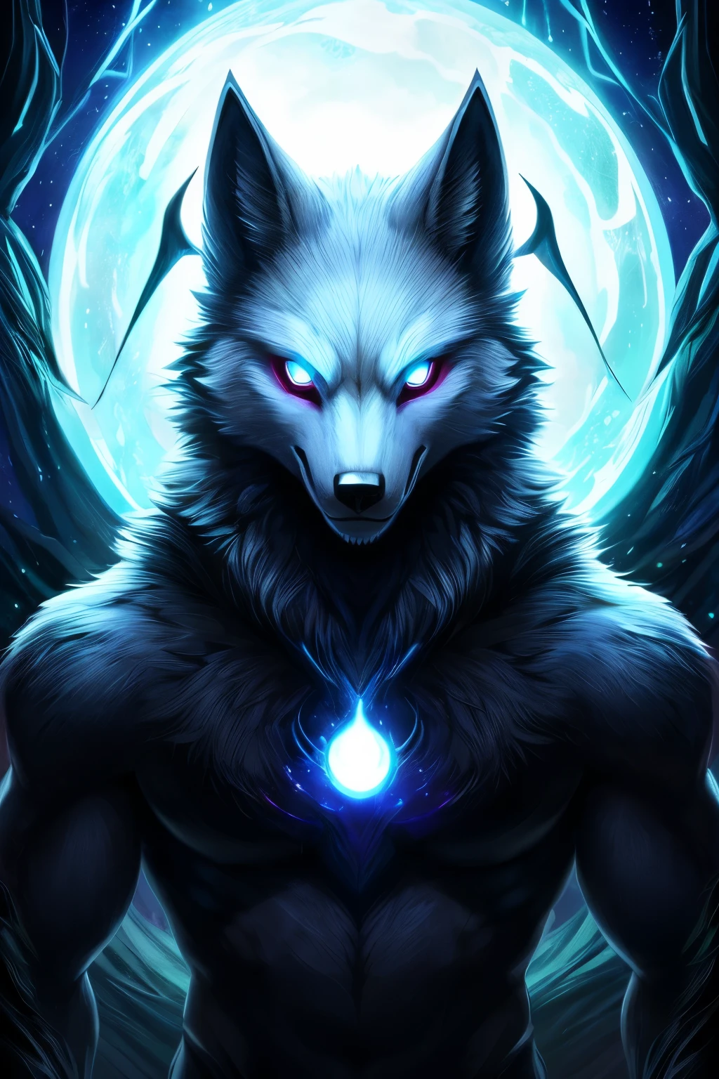male humanoid Ori spirit who resides within the enigmatic world of Ori and the Blind Forest. His form is reminiscent of a sleek, dark wolf, with a spirit body that shimmers like the night sky. He carries an air of enigma and power, his presence a testament to his ancient wisdom. His are long and pointed, much like those of a wolf, and are always attentive and alert. The fur of his ears is as dark as the deepest shadows, blending with the rest of his spectral, ephemeral form. On top of his head, he has a pair of imposing black horns, spiraling menacingly and marking him as a creature of immense spiritual power. The most captivating feature is his wolf-like skull face, which bears an uncanny resemblance to the visage of a wolf. Despite its haunting appearance, there's a certain serenity and calmness in his expression. His eyes are two glowing orbs of radiant red, like twin rubies ignited from within.