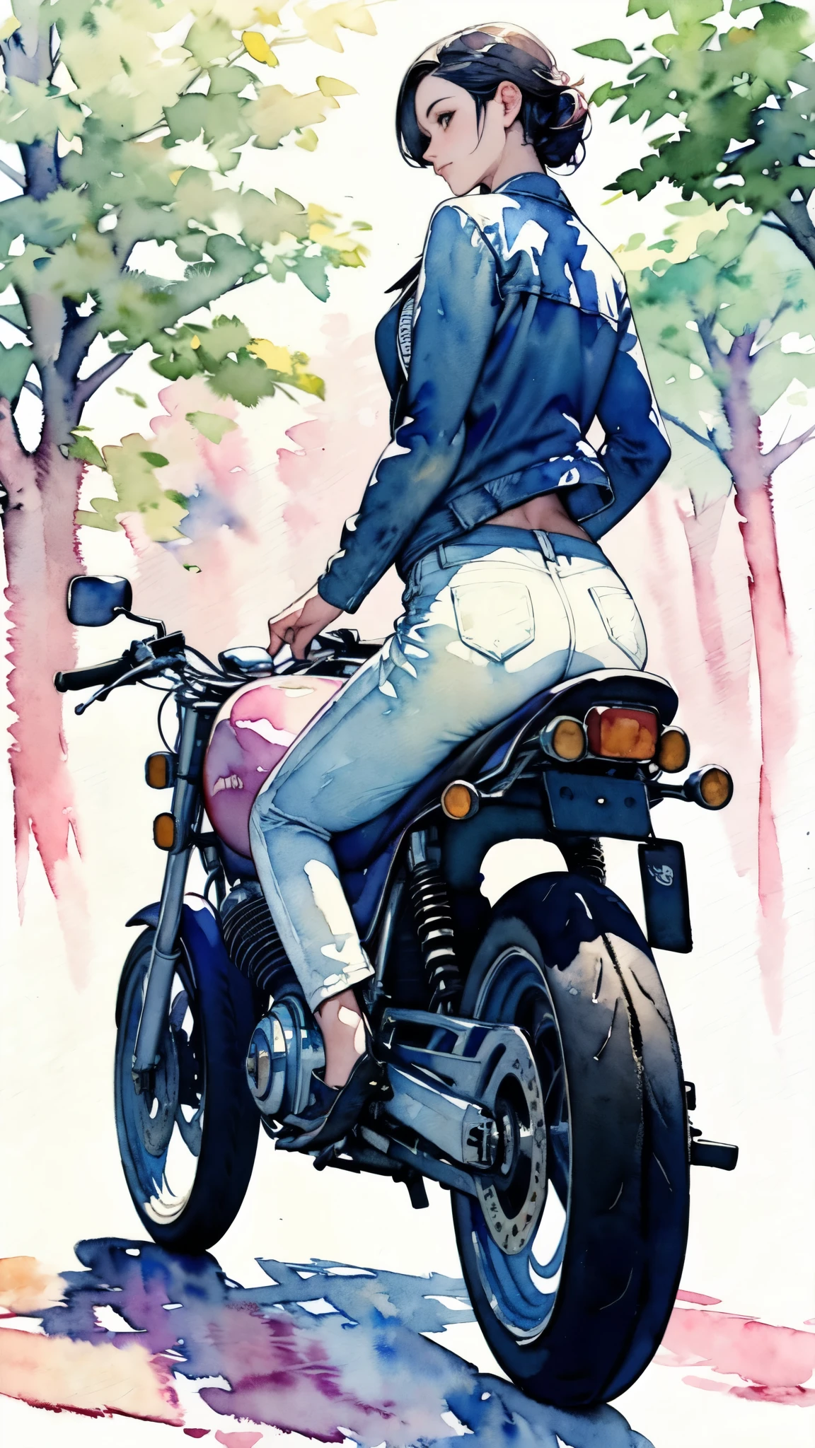 (masterpiece),(Highest quality:1.2),(Very detailed:1.2),(High resolution),(((watercolor))),8K,Woman riding a retro motorcycle,Walk along the tree-lined streets,(A pleasant expression),Riders jacket,jeans,sneakers,透明watercolor,(((hands))),((From the back))