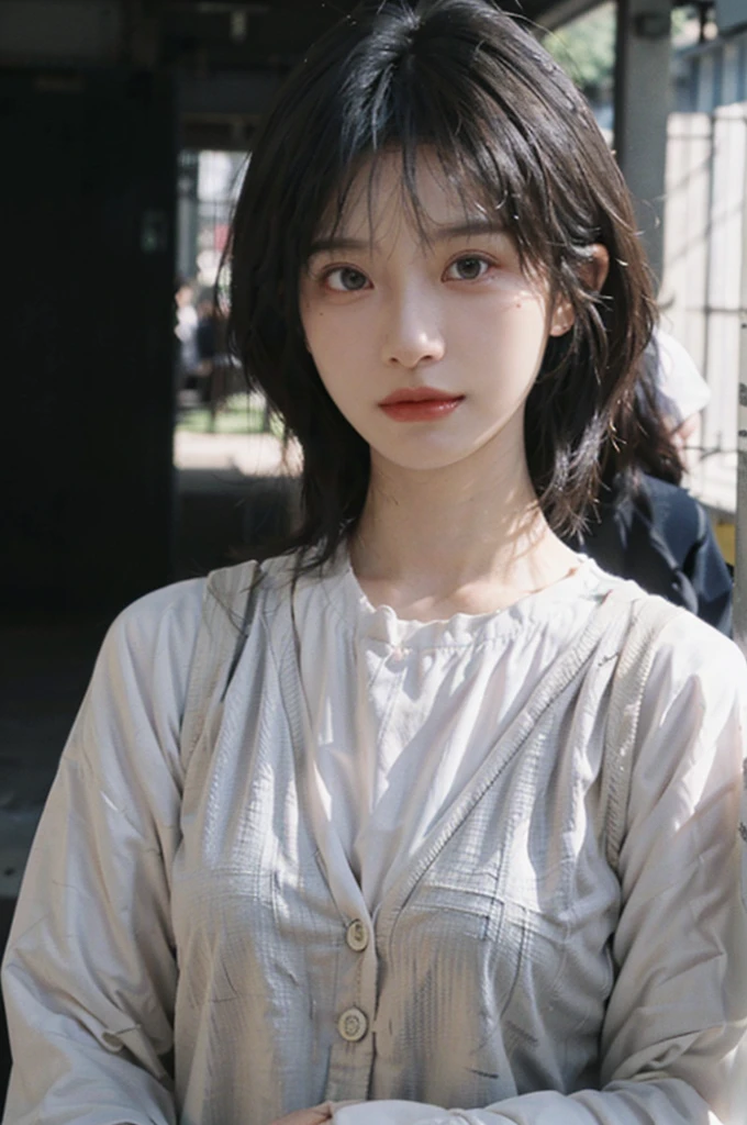 (Skin details:1.4), (smooth skin textures:1.3), Lipstick, background, Direct vision, earrings, serene, calm, (Realistic and detailed eyes：1.2）, Natural skin texture, Realistic facial details, Soft dramatic lighting, Vivid details, 35 mm film, outdoor, (Photo Practical:1.4), (hyper Practical:1.4), (Practical:1.3), (Smoother lighting:1.05), (Improve lighting quality:0.9), (Highest quality real skin textures:1.4), Exquisite eyes, Delicate face, Close-up of face, (Enhance the beauty of skin texture:1.1), Hair details,  Vest，normal body ratio, short hair, Moles under the eyes, thinking, A faint smile,公园background，Portrait Photography, Depth of Field, Bokeh, Surrealism, Ray Tracing, (Portrait Photography:1.1), Surrealism, High Detail, Chiaroscuro, Ray Tracing, reflected light, Ultra HD, Ultra HD, masterpiece, Textured Skin, Super Detail, High Detail, high quality, best quality