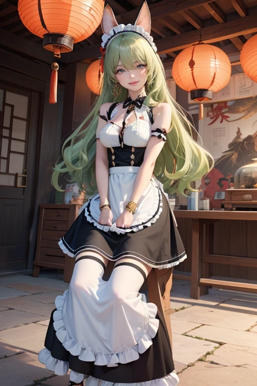 Mobius_(honkai impact 3d), ornament hair, perfectly body, perfectly hands, wave hair, light green hair, long hair, maid, maid dress, maid headdress, maid apron, garden, temple, shrine, outside, Chinese festival scenery, gold lantern, Chinese lantern, fireworks, black dress, more details on her clothes, black dress, golden details, night, smiling, ((4k, masterpiece, top-quality)),8k, best quality, high resolution, HD, (illustration:0.8), super cute girl, delicate and beautiful face, 1girl, solo, mature girl, super cute hairstyle, (beautiful detailed eyes:1.6), extremely detailed face, perfect lighting, extremely detailed CG, (perfect hands, perfect anatomy), Best quality, cleavage, skirt, full Body,