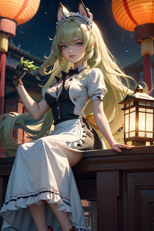Mobius_(honkai impact 3d), ornament hair, perfectly body, perfectly hands, wave hair, light green hair, long hair, maid, maid dress, maid headdress, maid apron, garden, temple, shrine, outside, Chinese festival scenery, gold lantern, Chinese lantern, fireworks, black dress, more details on her clothes, black dress, golden details, night, smiling, ((4k, masterpiece, top-quality)),8k, best quality, high resolution, HD, (illustration:0.8), super cute girl, delicate and beautiful face, 1girl, solo, mature girl, super cute hairstyle, (beautiful detailed eyes:1.6), extremely detailed face, perfect lighting, extremely detailed CG, (perfect hands, perfect anatomy), Best quality, cleavage, skirt, full Body,