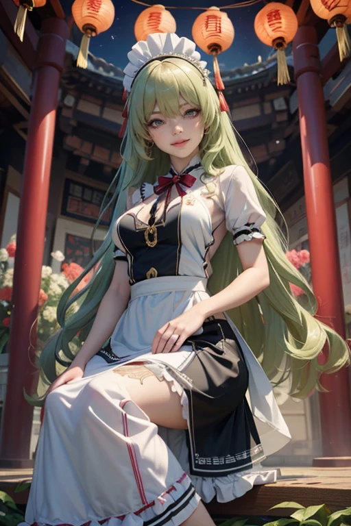 Mobius_(honkai impact 3d), ornament hair, perfectly body, perfectly hands, wave hair, light green hair, long hair, maid, maid dress, maid headdress, maid apron, garden, temple, shrine, outside, Chinese festival scenery, gold lantern, Chinese lantern, fireworks, black dress, more details on her clothes, black dress, golden details, night, smiling, ((4k, masterpiece, top-quality)),8k, best quality, high resolution, HD, (illustration:0.8), super cute girl, delicate and beautiful face, 1girl, solo, mature girl, super cute hairstyle, (beautiful detailed eyes:1.6), extremely detailed face, perfect lighting, extremely detailed CG, (perfect hands, perfect anatomy), Best quality, cleavage, skirt, full Body,