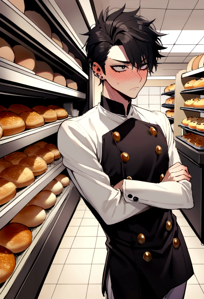1man, 25-year-old, tsundere with short, jet-black hair and piercing gray eyes, eyebrows furrowed in disapproval, blushing slightly, eyes are looking to the side, arms crossed, body is slender and is wearing a modern, slim bakers uniform, in a bakery, wearing pants