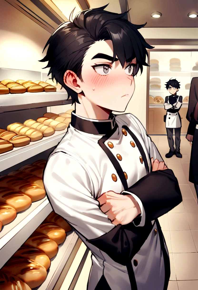 1man, 25-year-old, tsundere with short, jet-black hair and piercing gray eyes, eyebrows furrowed in disapproval, blushing slightly, eyes are looking to the side, arms crossed, body is slender and is wearing a modern, slim bakers uniform, in a bakery, wearing pants