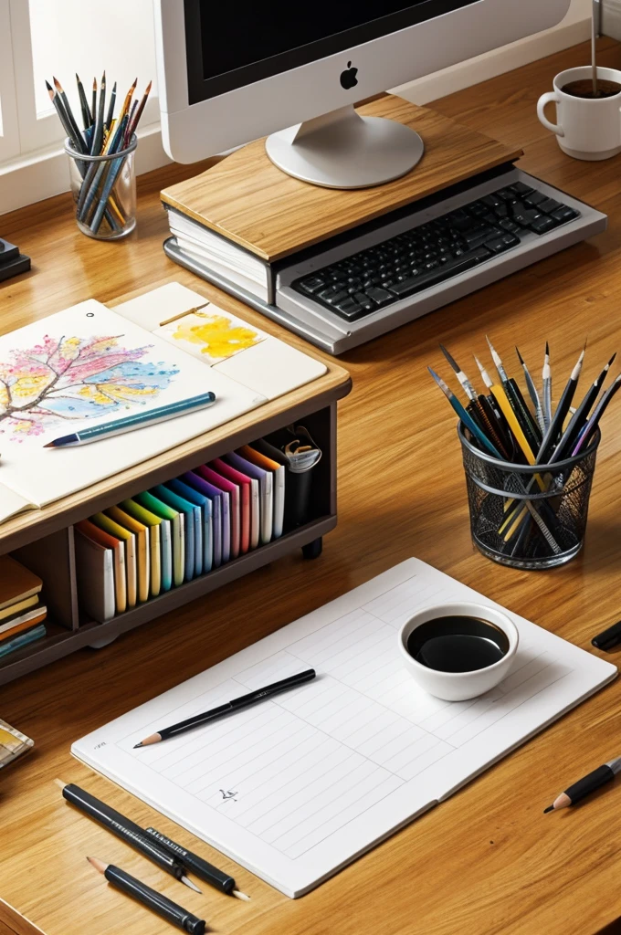 desk space there are some writing and drawing equipment such as pencils, brushes, watercolors