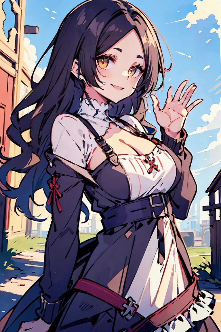 (masterpiece:1.2), (high quality:1.2), (hui xiyi:0.6), rekkyo sensen, rekkyou sensen, girls with((black hair, (tits cleavage:1.15), (waving is hands:1.2), (breasts close up:1.15), (suspenders:1.2), (dress:1.65), bangs, (blue clothes:1.05), (belts:0.7), (frills shirt:1.2), (white knit sweater:1.2), (frills camisole:1.2), exposed breasts, straps, (cross:1.05), (long wavy hair:1.55), (one side up:1.55), nun, long sleeves, (perfect hands:1.05), (five fingers:1.05))), background with((fantasy world, ruin, castle, beautiful sky, shining sky, sunshine))