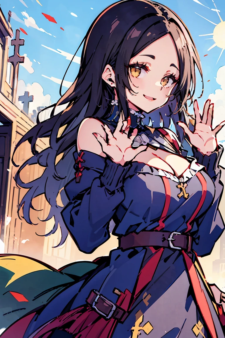 (masterpiece:1.2), (high quality:1.2), (hui xiyi:0.6), rekkyo sensen, rekkyou sensen, girls with((black hair, (tits cleavage:1.15), (waving is hands:1.2), (breasts close up:1.15), (suspenders:1.2), (dress:1.65), bangs, (blue clothes:1.05), (belts:0.7), (frills shirt:1.2), (white knit sweater:1.2), (frills camisole:1.2), exposed breasts, straps, (cross:1.05), (long wavy hair:1.55), (one side up:1.55), nun, long sleeves, (perfect hands:1.05), (five fingers:1.05))), background with((fantasy world, ruin, castle, beautiful sky, shining sky, sunshine))