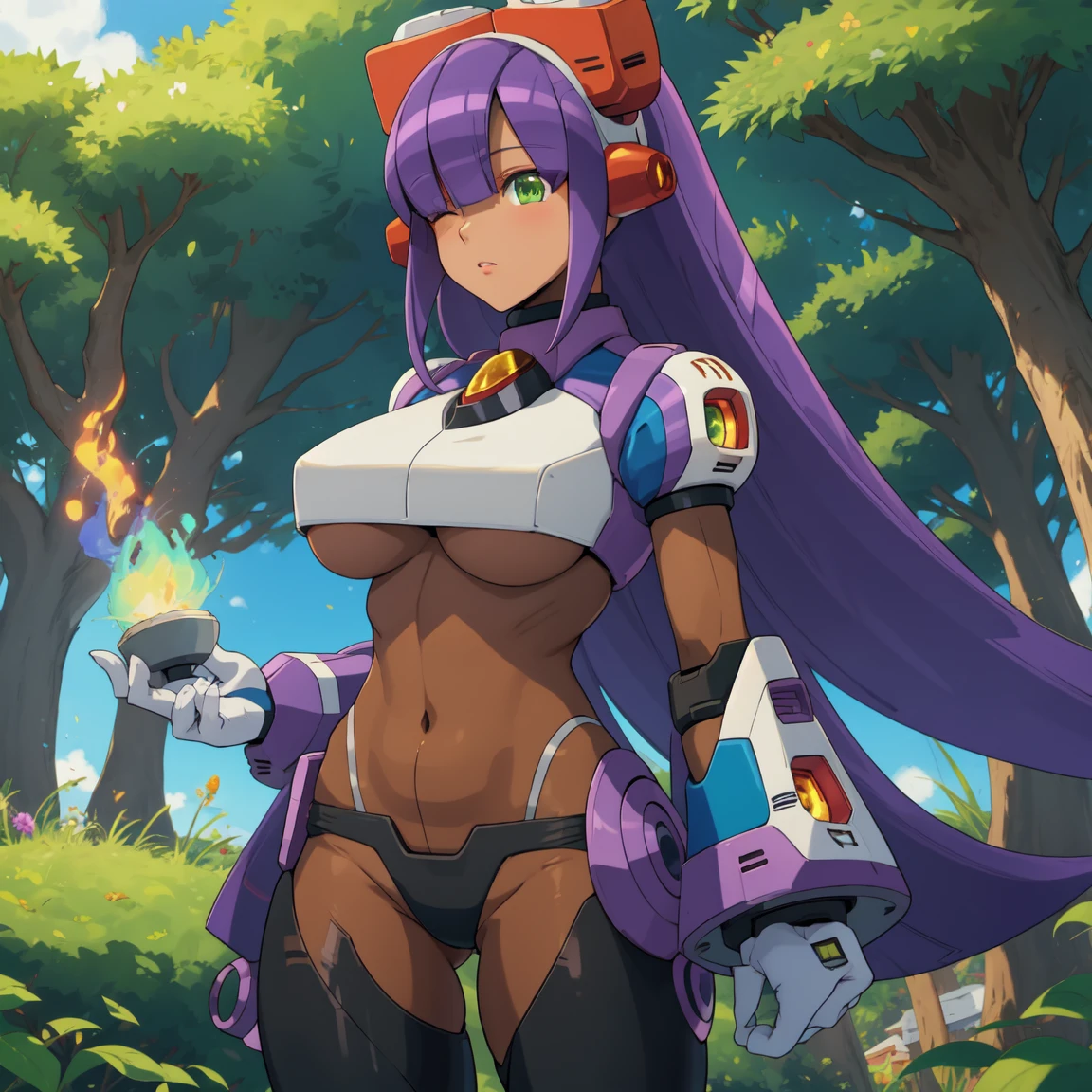 layer_megamanx, 1girl, solo, long hair, purple hair, green eyes, blunt bangs, hair over eyes, large breasts, dark skin, dark-skinned female, android, underboob, robot ears, high quality, masterpiece, standing with green flames coming from a tree