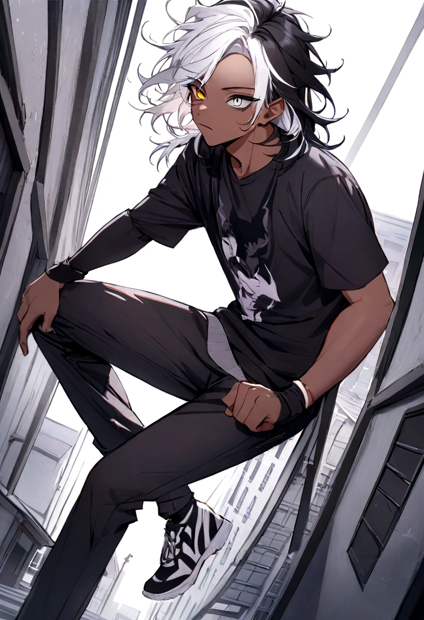 best qualityer, work of art, colorfully, dynamic angle, highest detailed) It has a black shirt with silver details, a black hunt, and black and white sneakers ,yellow and black eyes heterochromia, dark expression , Messy hair , Medium length hair , 1 men , black and white hair more black than white , two tone hair , dark skin color, is located on top of a building (details Intricate, hyperdetalhado:1.15)